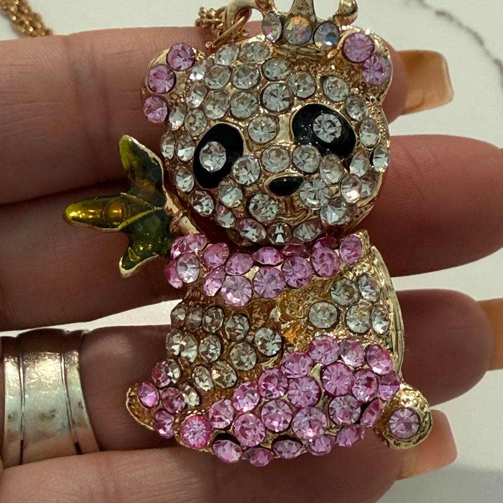 Betsey Johnson Gold and Pink Crystal Bear Necklace